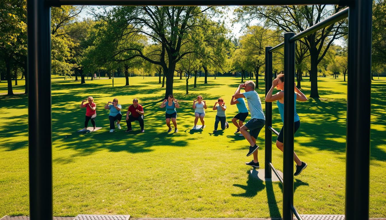 Outdoor fitness equipment arranged in a lush, vibrant park setting. In the foreground, a pull-up bar and parallel bars cast dynamic shadows under the warm, natural lighting. In the middle ground, people of diverse ages and body types engage in a variety of exercises like push-ups, squats, and lunges. The background features a grassy expanse dotted with trees, providing a serene, calming atmosphere. The overall scene conveys a sense of community, accessibility, and the joy of free, outdoor fitness.