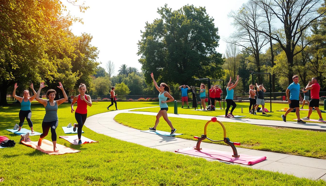 Outdoor workout strategies: a vibrant, sun-dappled park with a diverse array of people engaged in various fitness activities. In the foreground, a group of friends performing dynamic yoga poses on colorful mats, their expressions serene and focused. In the middle ground, a jogger weaving through a paved trail, their form effortless and determined. In the background, a cluster of exercise stations where individuals are lifting weights, stretching, and performing calisthenics, the lush greenery and warm lighting creating an inviting, energetic atmosphere. The overall scene conveys a sense of community, wellness, and the joy of embracing the great outdoors for fitness.