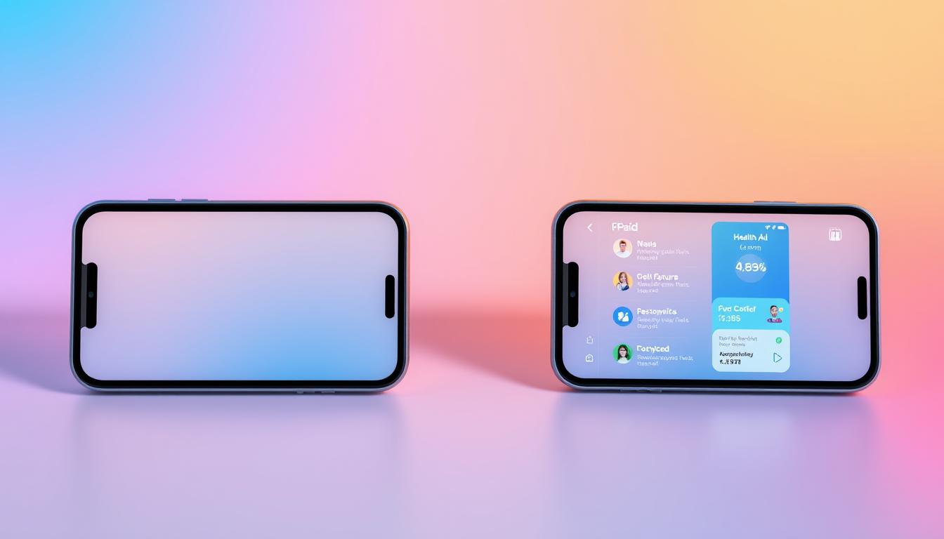 Two modern smartphone screens displaying a side-by-side comparison of free and paid health app interfaces. The free app screen features a simple, minimal design with limited functionality, while the paid app screen showcases a more robust, visually engaging interface with advanced features and personalization options. The devices are set against a vibrant, colorful gradient background that reflects the dynamic nature of the digital health landscape. Soft, directional lighting emphasizes the crisp details and smooth transitions between the app screens, creating a sense of depth and professionalism. The overall scene conveys the user experience contrast between free and paid health applications, highlighting the value proposition for investing in a premium digital wellness solution.