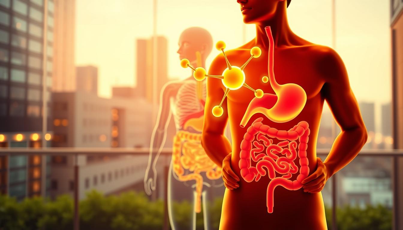 Vibrant and colorful digital illustration depicting the mechanism of CCK (cholecystokinin) in appetite control. In the foreground, a human figure is shown feeling full and satisfied, with a glowing CCK molecule overlaying the abdomen. In the middle ground, the digestive system is visualized, with CCK receptors highlighted along the gastrointestinal tract. The background features a modern urban landscape, hinting at the lifestyle factors that can disrupt CCK function. The lighting is warm and inviting, conveying a sense of understanding and discovery around this important appetite-regulating hormone.