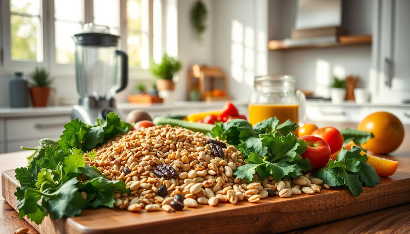 Vibrant and colorful meal prep scene showcasing various CCK-boosting ingredients. In the foreground, an assortment of whole grains, nuts, seeds, and leafy greens are artfully arranged on a wooden cutting board. In the middle ground, a blender and a jar of homemade dressing or dip sit next to a plate of roasted vegetables. The background features a clean, minimalist kitchen with natural light flooding in through large windows, creating a warm, inviting atmosphere. The lighting is soft and diffused, emphasizing the vibrant colors and textures of the healthy, nutrient-dense foods. The overall composition conveys a sense of balance, wholeness, and culinary expertise.