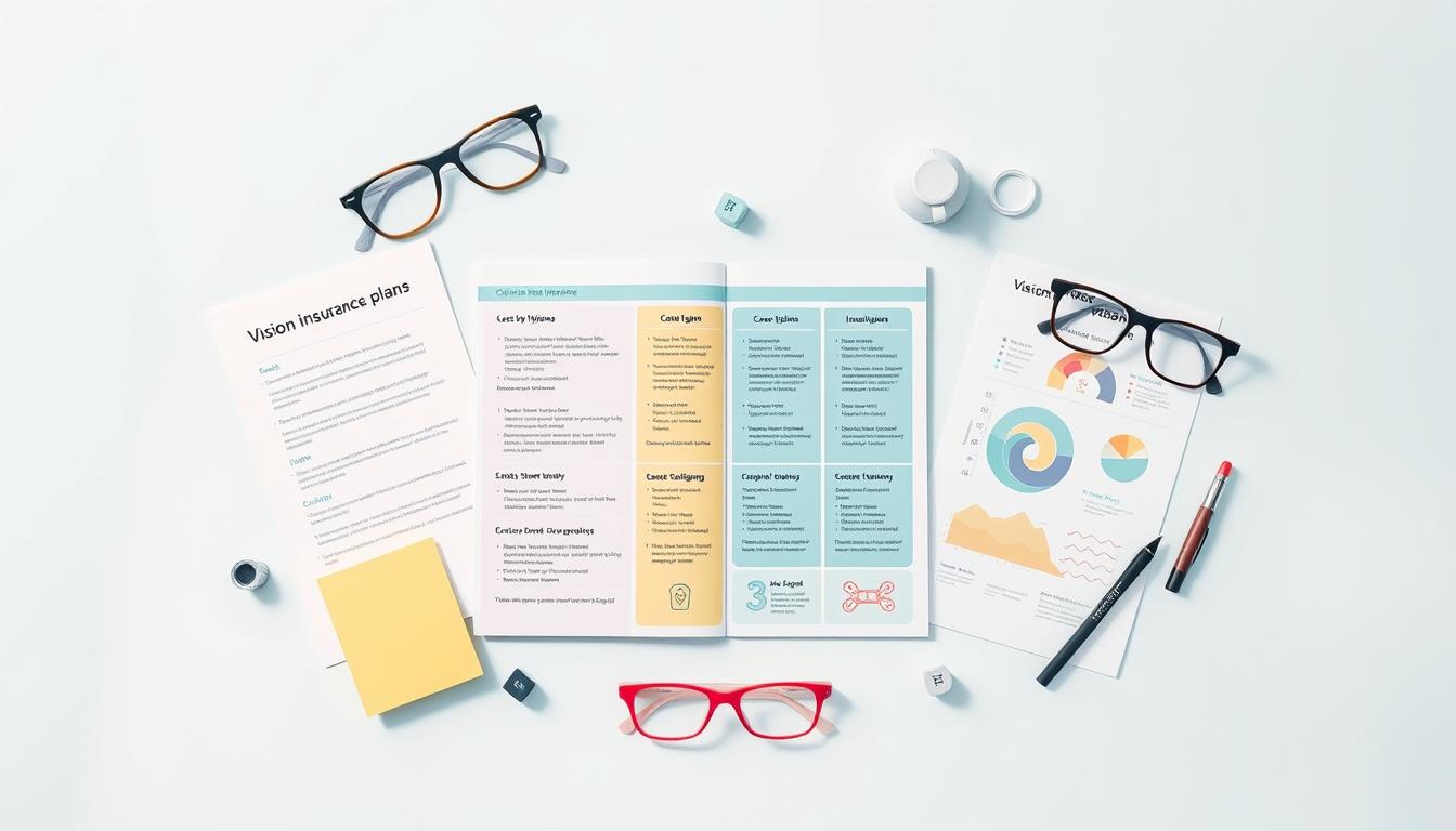 Vibrant and informative vision insurance plans laid out in a clean, modern layout. A central document or brochure showcases various plan options, with icons and infographics highlighting key coverage details. Surrounding the main display are supporting elements like magnifying glasses, eyeglasses, and eye charts, all rendered in a soft, pastel color palette. Gentle directional lighting creates depth and dimension, while a minimalist background allows the plans to take center stage. The overall impression is one of clarity, accessibility, and the confidence to make an informed decision about vision care coverage.