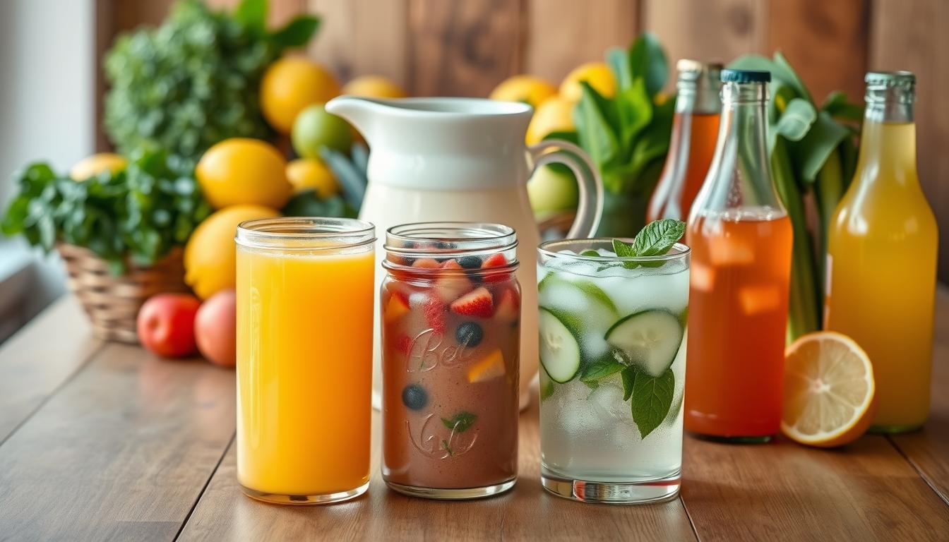Vibrant, beautifully-lit photograph of an assortment of healthy beverage options artfully arranged on a wooden table. In the foreground, a glass of freshly-squeezed orange juice, a mason jar filled with homemade infused water, and a smoothie with colorful berries. In the middle ground, a ceramic pitcher of iced green tea and reusable glass bottles of kombucha in various flavors. The background features a selection of whole fruits and vegetables, including lemons, limes, cucumbers, and leafy greens, to suggest the ingredients for creating these nutritious drinks. The lighting is warm and natural, accentuating the vibrant colors and textures. The overall composition conveys a sense of balance, health, and mindful beverage budgeting.