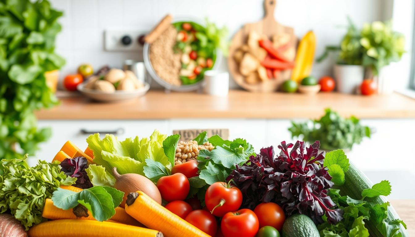 Vibrant, budget-friendly healthy meals set against a bright, airy kitchen backdrop. In the foreground, a variety of colorful, fresh produce - leafy greens, crisp vegetables, and ripe fruits. In the middle ground, simple yet nutritious dishes like a hearty grain bowl, a vibrant salad, and a lean protein-packed plate. The lighting is soft and natural, highlighting the vibrant hues and appealing textures of the meal components. The overall atmosphere conveys a sense of approachability, affordability, and wholesome goodness - the perfect illustration for a section on healthy, low-cost recipes.