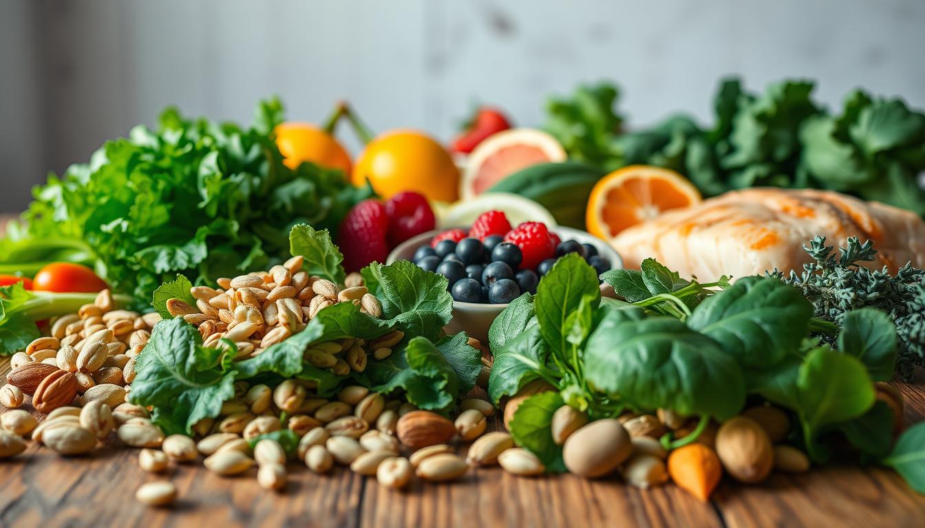 Vibrant close-up of various CCK-stimulating foods arranged on a rustic wooden table. In the foreground, a selection of leafy greens, nuts, and seeds, their textures and colors popping under warm, natural lighting. In the middle ground, a variety of berries, citrus fruits, and lean proteins like fish or poultry. The background features a simple, clean backdrop that allows the nutritious ingredients to take center stage. The overall scene conveys a sense of health, balance, and appetite-stimulating appeal.
