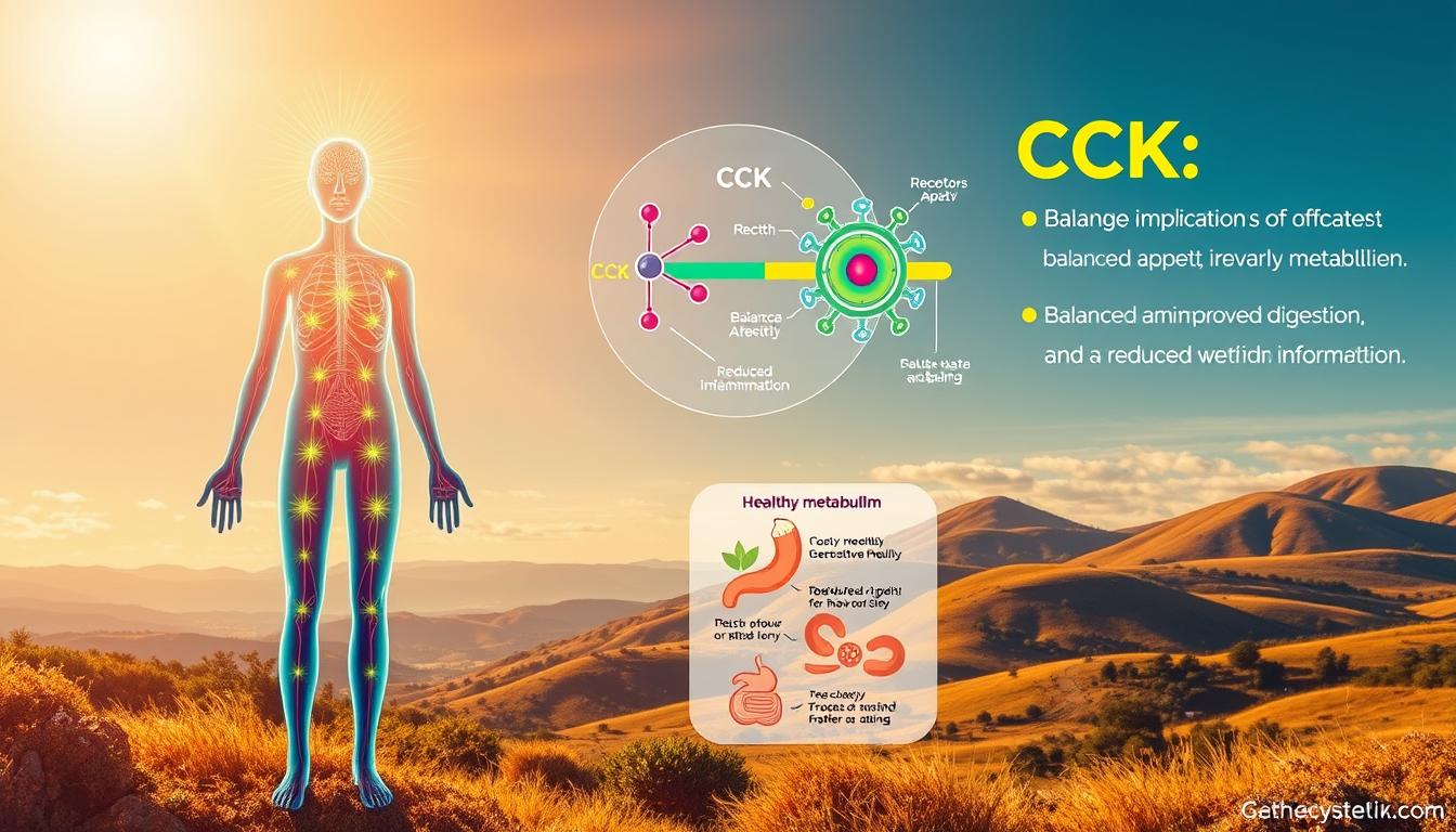 Vibrant, colorful illustration depicting the metabolic health benefits of CCK (Cholecystokinin). In the foreground, a stylized human figure representing a healthy metabolism, with glowing energy centers and a radiant aura. In the middle ground, a detailed molecular diagram of the CCK hormone, its receptors, and the signaling pathways it activates. In the background, a scenic landscape showcasing the broader implications of CCK for overall well-being, such as balanced appetite, improved digestion, and reduced inflammation. The scene is illuminated by a warm, golden light, conveying a sense of vitality and wellness.