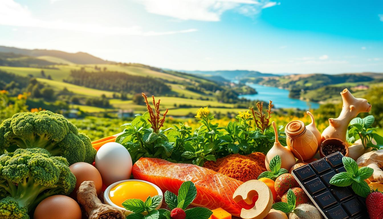 Vibrant, colorful scene depicting a variety of natural CCK boosters. In the foreground, a mix of fresh, whole foods including broccoli, eggs, salmon, and dark chocolate. In the middle ground, a lush, verdant garden filled with herbs like ginger, turmeric, and peppermint. In the background, a serene natural landscape with rolling hills, a flowing river, and a clear blue sky. Warm, natural lighting casts a soft glow over the entire scene. The composition creates a harmonious, inviting atmosphere that showcases the abundance of nature's CCK-boosting options. Vibrant, colorful scene depicting a variety of natural CCK boosters. In the foreground, a mix of fresh, whole foods including broccoli, eggs, salmon, and dark chocolate. In the middle ground, a lush, verdant garden filled with herbs like ginger, turmeric, and peppermint. In the background, a serene natural landscape with rolling hills, a flowing river, and a clear blue sky. Warm, natural lighting casts a soft glow over the entire scene. The composition creates a harmonious, inviting atmosphere that showcases the abundance of nature's CCK-boosting options.