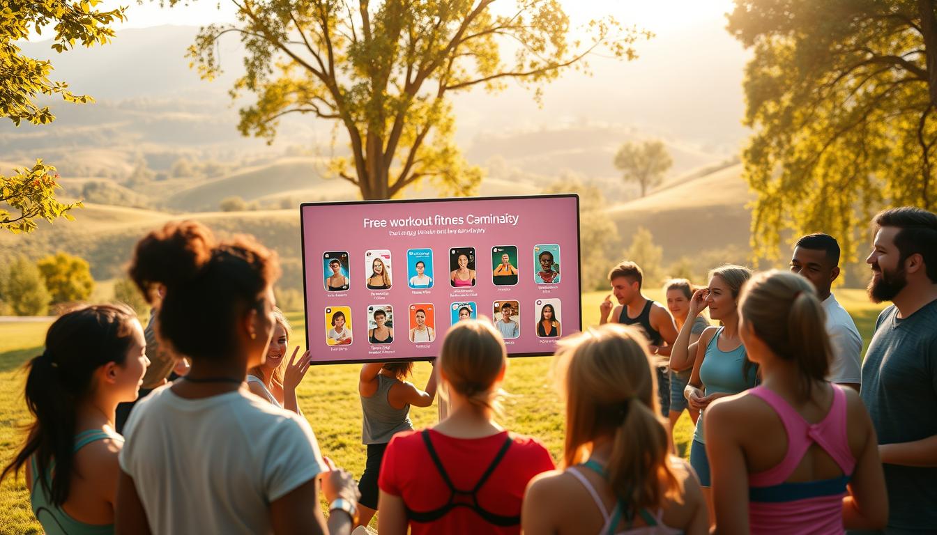 Vibrant community of budget-friendly fitness enthusiasts gathered in a lush, sun-dappled park. In the foreground, a diverse group of people engage in a variety of free workout routines, their expressions joyful and energized. In the middle ground, a shared screen displays a selection of popular workout apps, each offering engaging features to build camaraderie. The background is a serene landscape of rolling hills, with a warm, golden light filtering through the trees, creating a sense of harmony and wellness.