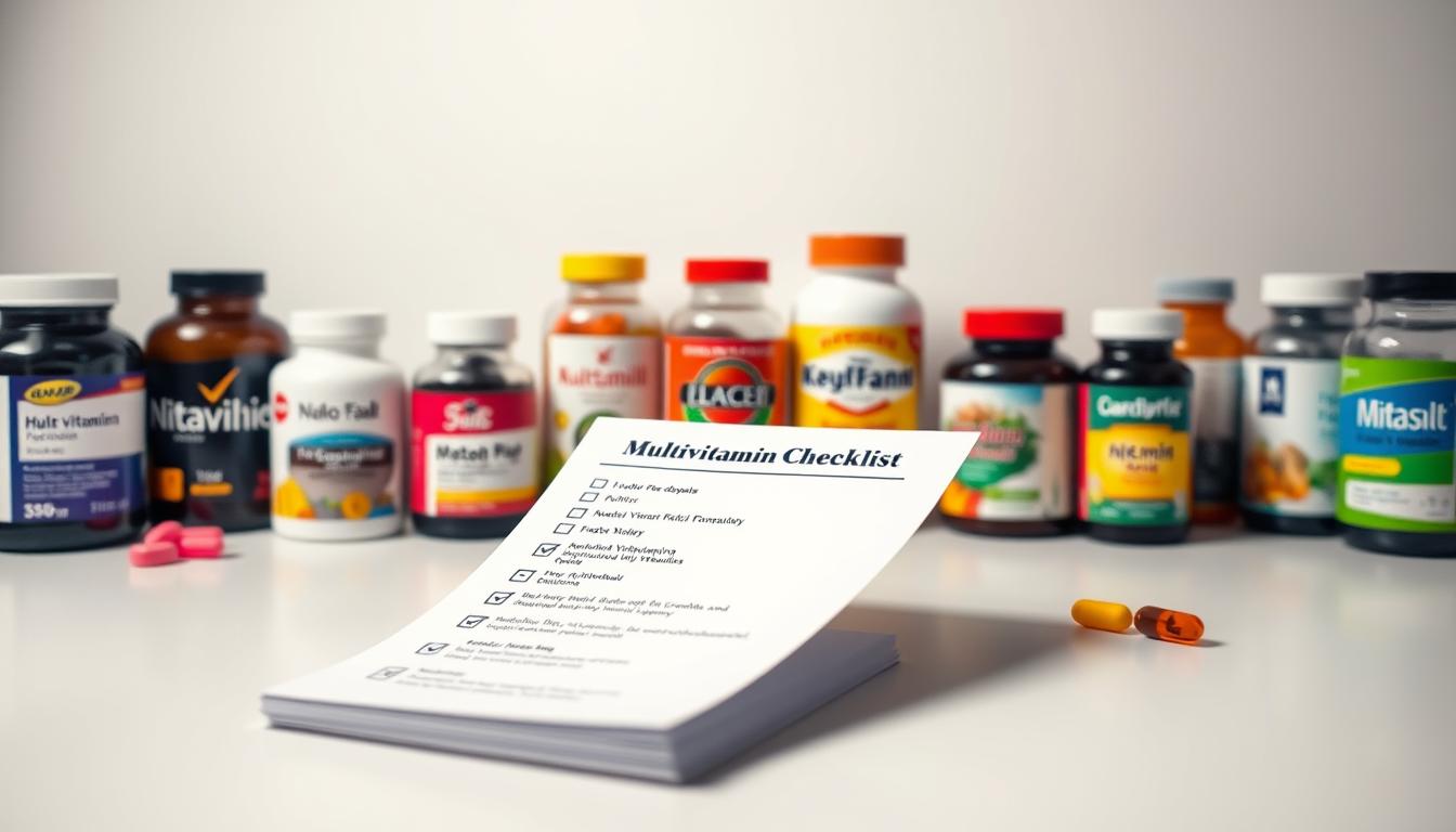 Vibrant, crisp image of a comprehensive "Best Value Multivitamin Checklist" spread across a clean, minimalist desktop. In the foreground, a checklist with key vitamin and mineral categories neatly organized, each with a checkmark icon and brief description. The middle ground features a variety of high-quality multivitamin bottles in various shapes and sizes, showcasing their diversity. The background has a soft, blurred effect, creating depth and drawing the eye to the central checklist. Bright, even lighting illuminates the scene, giving it an authoritative, trustworthy feel. The overall composition is balanced, visually appealing, and effectively communicates the "critical vitamin checklist" concept.