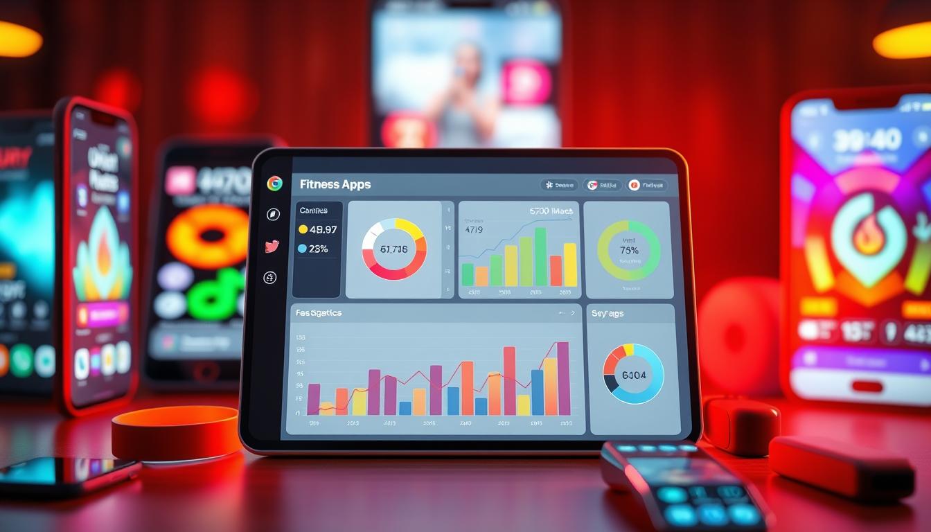 Vibrant, data-driven illustration showcasing the growth statistics of modern fitness apps. In the foreground, a sleek, minimalist dashboard displays dynamic graphs and charts tracking user engagement, revenue, and download trends. Illuminated by warm, directional lighting, the data visualization is set against a blurred background of smartphone screens, fitness trackers, and other digital wellness tools. The overall composition conveys a sense of technological progress, consumer insights, and the evolving fitness app landscape.