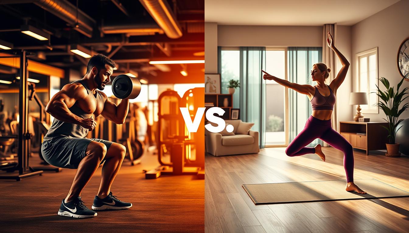 Vibrant, dynamic composition showcasing the personalization potential of gym membership vs. home workouts. In the foreground, a muscular figure performing a weighted squat in a well-equipped gym, surrounded by state-of-the-art equipment and personal trainers. In the middle ground, a lithe figure executing a yoga pose in a serene home setting, with customized workout gear and apps guiding the routine. The background features a split-screen effect, with the gym's pulsing energy on one side and the tranquil, personalized home environment on the other. Warm, golden lighting casts a glow on the scene, emphasizing the nuanced choices individuals can make to tailor their fitness journeys.
