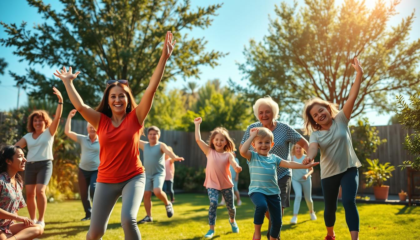 Vibrant family exercise session in a sunlit backyard. Parents and children engage in a variety of low-impact activities - stretching, gentle aerobics, balance exercises. Grandparents observe and occasionally join in. Warm tones, lush greenery, and natural textures create a welcoming, inclusive atmosphere. Midground features a mix of generations working together, while the background showcases the outdoor setting with a clear blue sky. A sense of joyful, multigenerational wellness radiates from the scene.