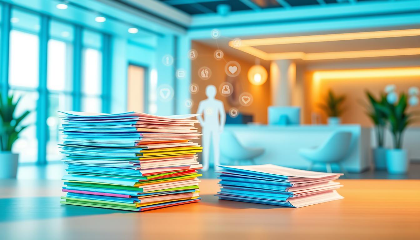 Vibrant healthcare coverage concept. A digital illustration depicting a dynamic healthcare plan. In the foreground, a stack of colorful medical documents and forms, conveying the flexibility and customization of the plan. In the middle ground, a stylized human figure, representing the policyholder, surrounded by glowing icons symbolizing the various benefits and protections. The background features a sleek, modern office setting, with clean lines and a warm, inviting color palette, suggesting the efficiency and professionalism of the insurance provider. Soft, diffused lighting creates a sense of warmth and well-being, while the overall composition evokes a feeling of security and empowerment.