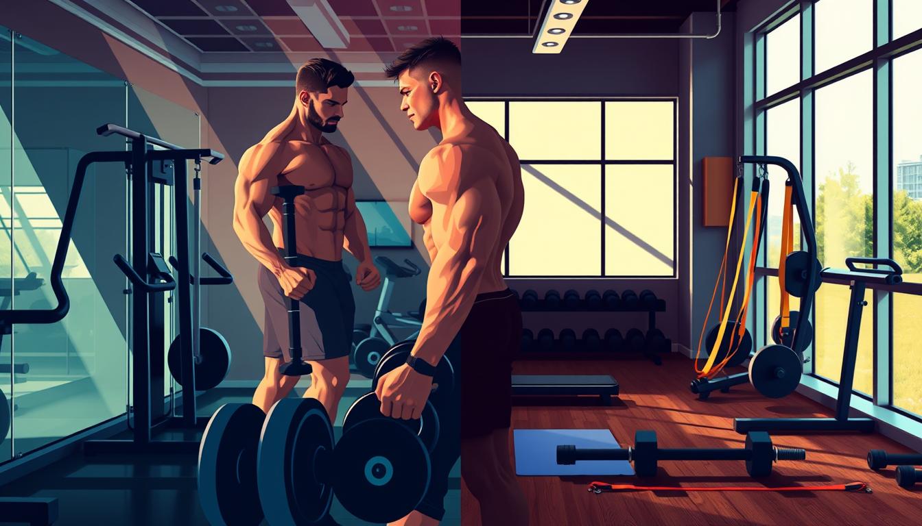 Vibrant illustration depicting the effectiveness of gym membership versus home workouts. In the foreground, a muscular figure in a modern gym, using free weights and resistance machines. Streaming natural light casts dramatic shadows, accentuating their toned physique. In the middle ground, a home workout setup with dumbbells, yoga mats, and resistance bands. The background showcases a side-by-side comparison, highlighting the superior equipment and professional guidance available in a gym setting versus the more limited options of a home workout. The overall scene conveys a sense of dynamism, professionalism, and the potential for greater progress through a dedicated gym membership.