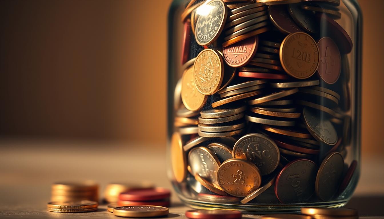 Vibrant image of a health insurance deductible concept. A crisp, close-up view of a glass jar filled with colorful coins, representing the financial burden of healthcare costs. The jar is set against a blurred, out-of-focus background, drawing the viewer's attention to the central subject. Warm, diffused lighting from the side creates depth and dimension, highlighting the textural details of the coins. The overall mood is one of contemplation, inviting the viewer to consider the true impact of deductibles, co-pays, and out-of-pocket maximums on personal finances.