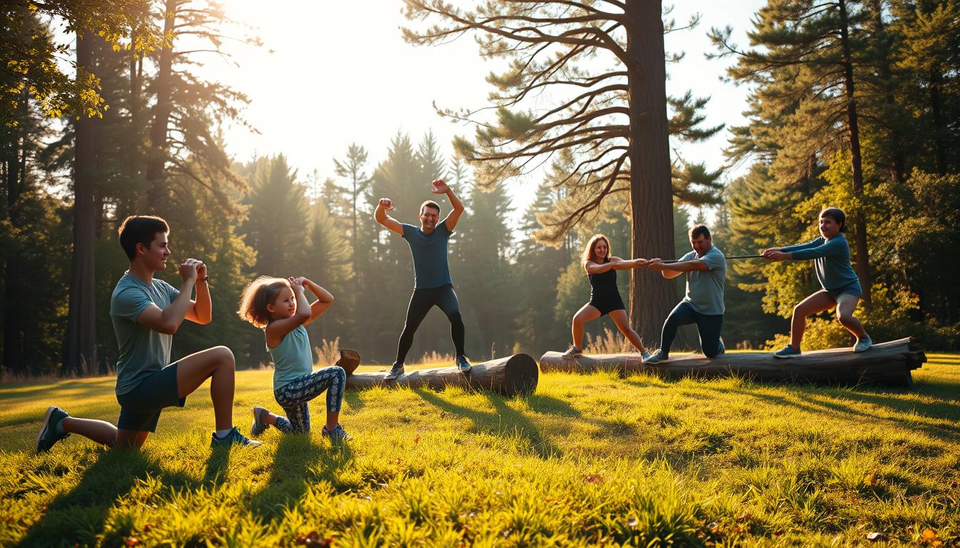 Vibrant outdoor scene featuring a happy, active family engaged in various strength-building exercises in a lush, natural setting. In the foreground, a parent and child perform squats and lunges on a grassy knoll, their forms silhouetted against the bright sky. In the middle ground, another parent and child stretch and balance on fallen logs, surrounded by towering trees. In the background, the rest of the family plays a game of tug-of-war, their laughter and exertion captured in dynamic poses. Warm, golden lighting filters through the foliage, creating a sense of warmth and togetherness.