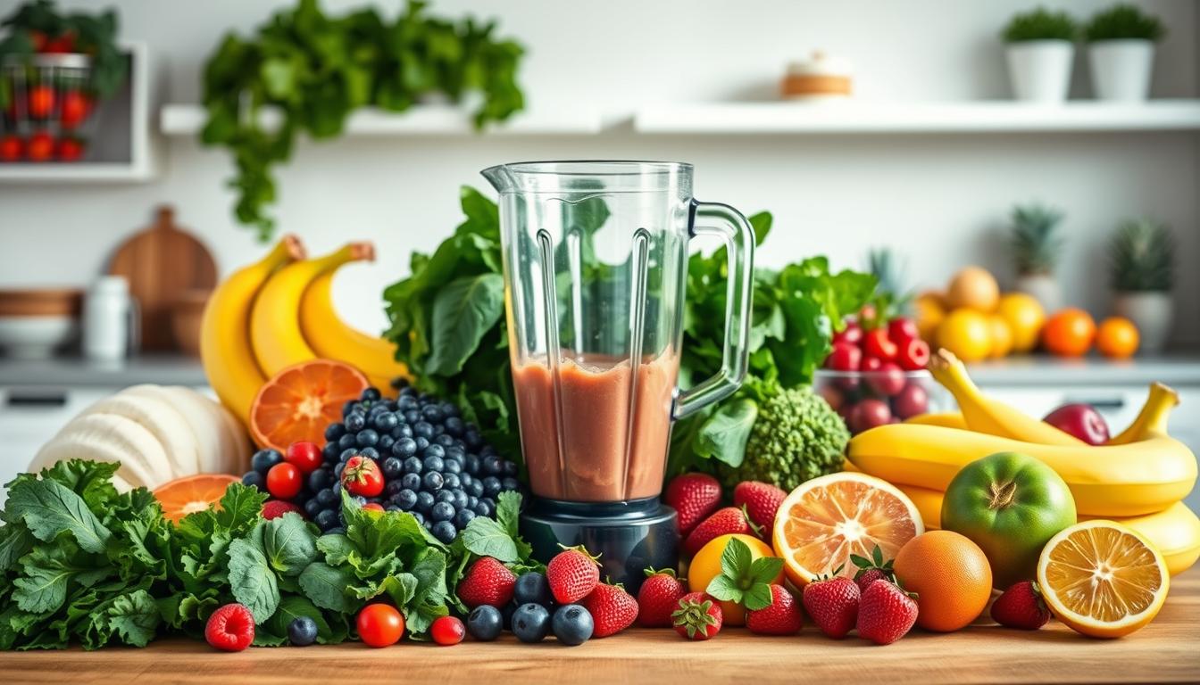 Vibrant smoothie ingredients filling the frame - a selection of fresh produce like kale, spinach, bananas, berries, and citrus fruits, all arranged on a wooden surface with natural lighting. In the middle ground, a blender with a transparent glass pitcher, blades whirring, captures the process of blending these budget-friendly superfoods. The background features a minimalist kitchen setting, with clean white walls and simple shelving, creating a calming, focused atmosphere to showcase these essential energy and weight-loss boosting ingredients.