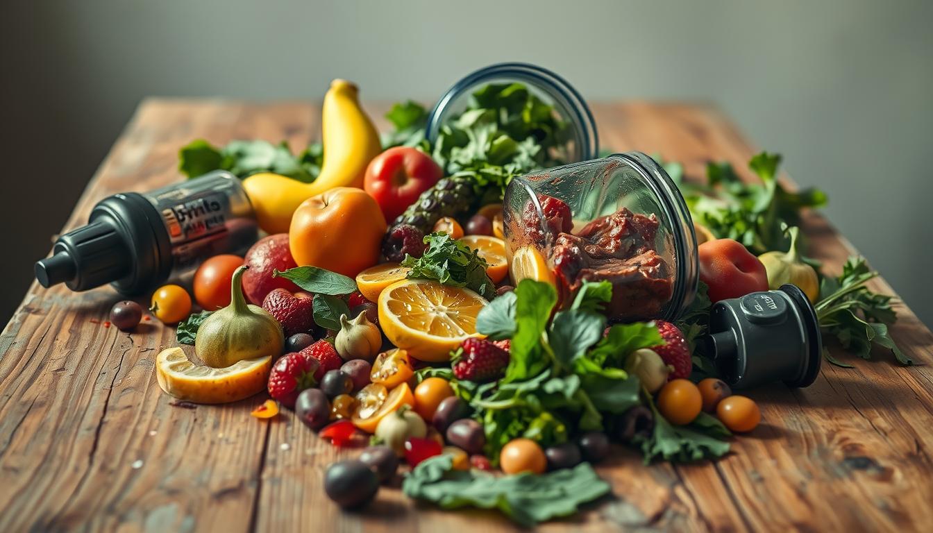Vibrant smoothie ingredients spilled across a worn wooden table, creating a chaotic still life. Misshapen fruit, wilted greens, and overflowing blender parts litter the frame. Harsh shadows and uneven lighting highlight the haphazard scene, conveying a sense of budget-conscious mistakes. The background is blurred, keeping the focus on the messy foreground and the lesson it aims to teach - that careful planning and quality ingredients are essential for crafting nourishing, cost-effective smoothies.