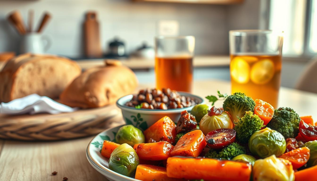 Vibrant still life depicting a healthy, budget-friendly dinner. In the foreground, a plate overflows with a colorful array of roasted vegetables - carrots, broccoli, and Brussels sprouts, drizzled with a rich, savory sauce. Beside it, a small bowl of hearty lentil stew, its deep burgundy hue accented by fragrant herbs. In the middle ground, a loaf of freshly baked whole-grain bread and a glass of refreshing iced tea. The background showcases a simple, uncluttered kitchen, bathed in warm, natural light that highlights the meal's fresh, wholesome qualities. An inviting scene that celebrates the joys of eating well on a budget.