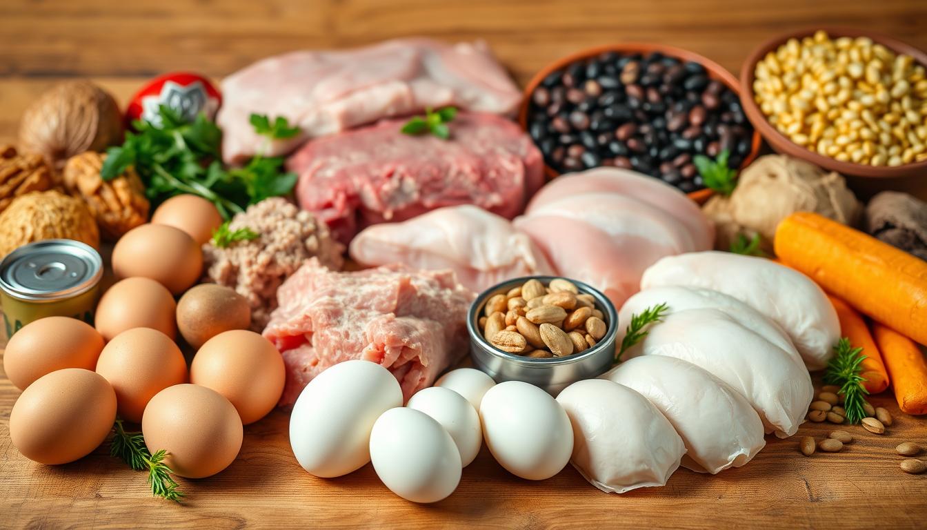 Vibrant still life of assorted affordable animal-based protein sources, arranged on a wooden surface. In the foreground, a variety of eggs, chicken breasts, and canned tuna or sardines. In the middle ground, lean ground beef, pork chops, and a small bowl of nuts. The background features a mix of legumes, such as lentils and black beans, along with a few fresh herbs for added depth. Soft, warm lighting illuminates the scene, highlighting the natural textures and colors of the ingredients. The overall composition conveys a sense of simplicity and accessibility, emphasizing the nutritional value and cost-effectiveness of these protein-rich foods.