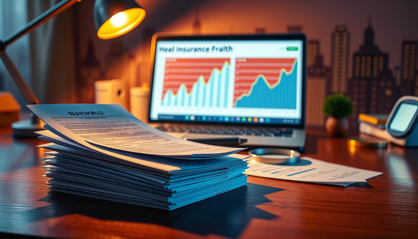 Vibrant visualization of health insurance premiums, a detailed scene showcasing various cost factors. In the foreground, a stack of medical bills and documents, casting shadows across a polished wooden desk. In the middle ground, a laptop screen displays a graph of premium fluctuations, accompanied by calculator and magnifying glass. The background features a stylized cityscape, hinting at the complex interplay between location, demographics, and insurance rates. Warm lighting from a desk lamp creates a sense of contemplation, as the viewer is drawn into the intricacies of personal healthcare finance.