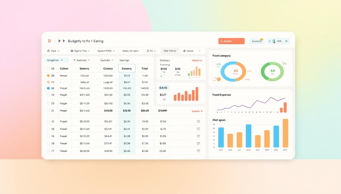 a detailed digital illustration of a budgeting dashboard for healthy eating, with a clean and minimalist design. the foreground shows a well-organized spreadsheet-like interface with columns for tracking different food categories, expenses, and nutritional information. the middle ground features interactive charts and graphs that visualize spending patterns and diet metrics. the background has a soft, pastel-colored gradient that creates a vibrant, welcoming atmosphere. the overall scene conveys a sense of control, efficiency, and a commitment to maintaining a balanced, healthy lifestyle on a budget.