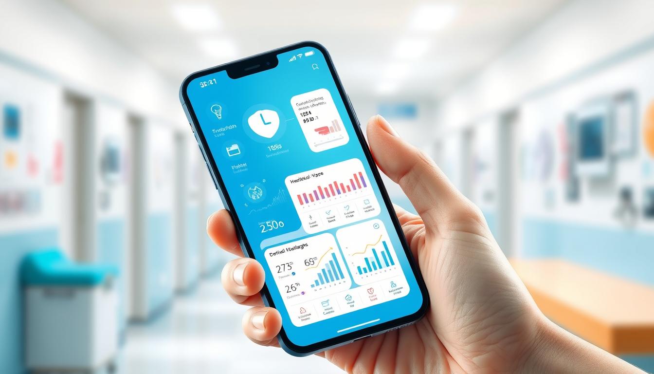 a detailed digital illustration of a healthcare app interface on a smartphone screen, shown in a realistic, well-lit and vibrant setting. the app features clean, modern UI design with intuitive navigation and clear infographics displaying healthcare data. the smartphone is held in the foreground by a human hand, positioned to showcase the app's functionality. the middle ground includes medical icons, graphs, and other visual elements relevant to healthcare apps. the background depicts a blurred, out-of-focus scene of a hospital or doctor's office, establishing the medical context. the overall composition and lighting create a professional, trustworthy and user-friendly atmosphere.