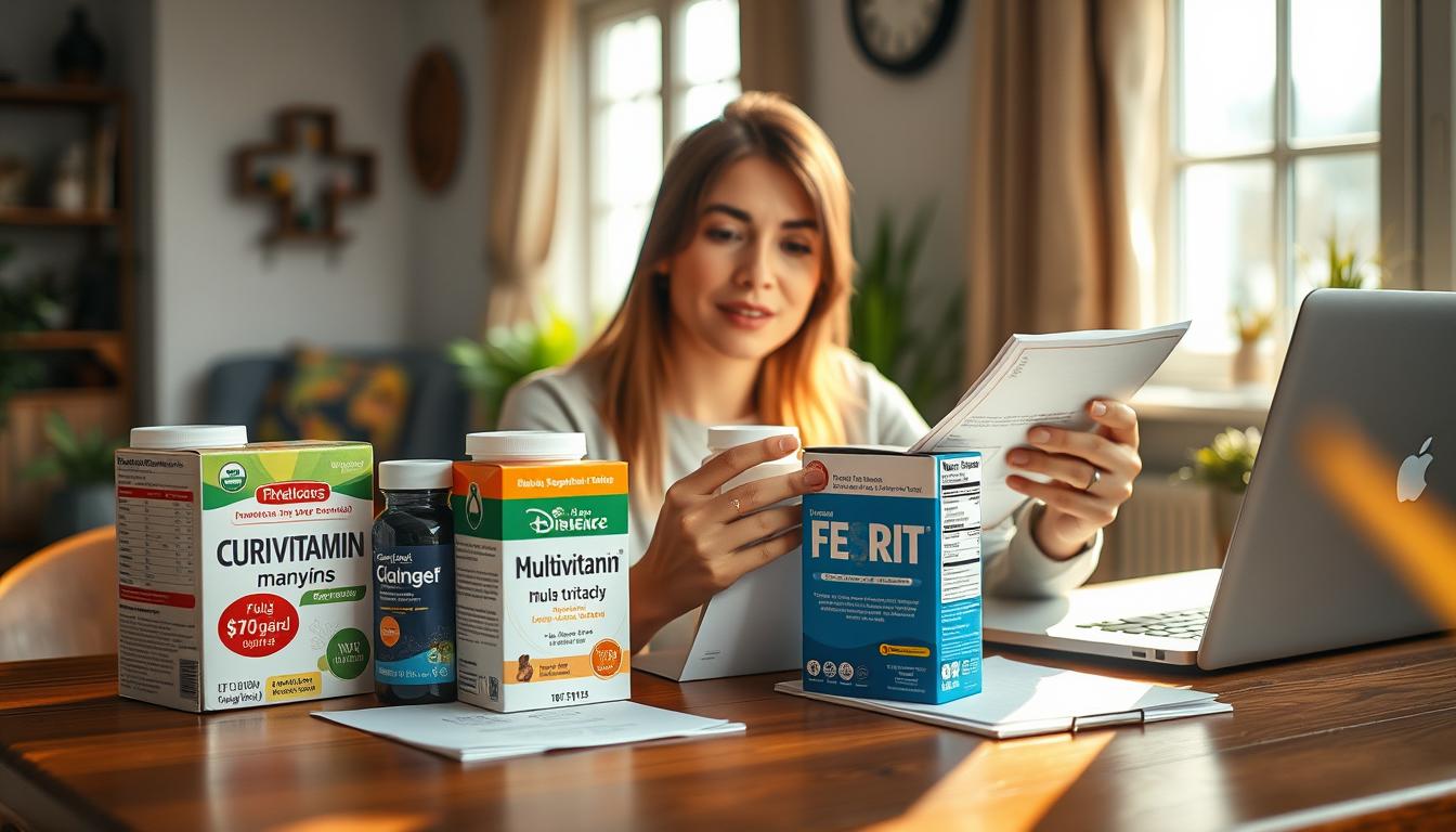 a high-quality, vibrant, photorealistic image of a woman carefully analyzing and comparing different boxes of multivitamin supplements on a wooden table, with a laptop and some notes in front of her. The scene is well-lit, with warm natural light streaming in from a window, highlighting the intricate details of the products. The woman is dressed in casual, comfortable clothing and has a focused, analytical expression as she examines the nutritional information and pricing on the multivitamin boxes. The background is slightly blurred, but suggests a cozy, domestic setting, with some potted plants or other home decor visible.