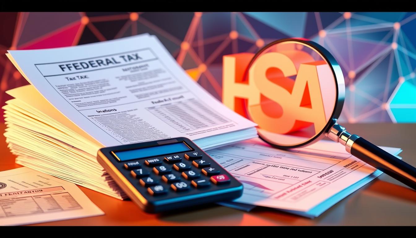 a highly detailed digital illustration of federal and state tax related to a health savings account (HSA), showcasing a vibrant and informative visual representation. The foreground depicts a stack of tax documents and financial statements, with a calculator and a magnifying glass examining the details. The middle ground features a 3D model of the HSA symbol, glowing with a soft, warm light. The background blends geometric shapes and patterns, representing the complex web of federal and state tax regulations. The overall composition conveys a sense of financial diligence and careful analysis, with a vibrant color palette and a modern, sleek aesthetic.