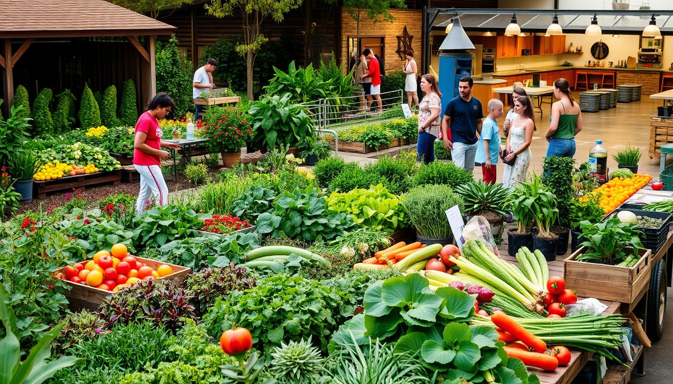 a lively, bustling community garden with a colorful array of fresh produce, herbs, and flowers, surrounded by a diverse group of people sharing knowledge and working together to grow affordable, nutritious foods. in the foreground, a well-stocked farmers market with an assortment of seasonal fruits, vegetables, and homemade goods, all lit by warm, natural lighting. in the background, a community center with a large kitchen space where healthy cooking classes and meal-prep workshops are held, creating an atmosphere of vibrant, collaborative learning.