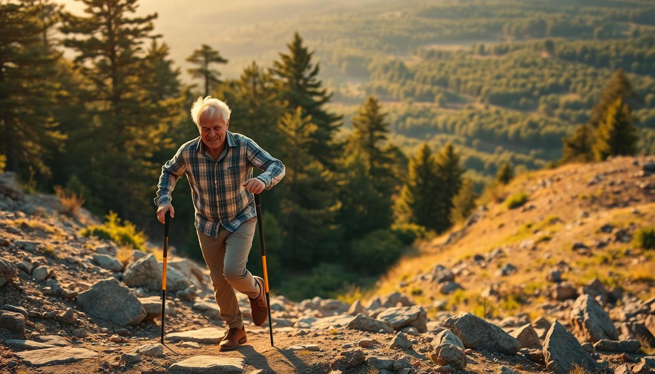 a middle-aged person with a determined expression on their face, striding forward confidently while navigating a diverse terrain of hills, rocks, and uneven ground, using a sturdy walking stick for support. The scene is bathed in vibrant, warm lighting, creating a sense of energy and optimism. The person's posture is upright and their gait is steady, conveying a sense of overcoming physical challenges. The background features a lush, verdant landscape with towering trees and a distant horizon, suggesting a journey of personal growth and transformation. a middle-aged person with a determined expression on their face, striding forward confidently while navigating a diverse terrain of hills, rocks, and uneven ground, using a sturdy walking stick for support. The scene is bathed in vibrant, warm lighting, creating a sense of energy and optimism. The person's posture is upright and their gait is steady, conveying a sense of overcoming physical challenges. The background features a lush, verdant landscape with towering trees and a distant horizon, suggesting a journey of personal growth and transformation.