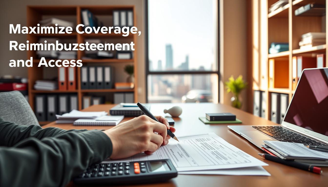 a modern, vibrant office scene with a desk, laptop, and various office supplies. In the foreground, a person's hands are filling out a reimbursement form on the desk, with a calculator, pen, and receipts nearby. The middle ground features a window with a cityscape view, allowing natural light to pour in. The background showcases shelves with binders, folders, and other organizational items, creating a sense of a well-equipped, professional workspace. The overall mood is one of efficient productivity and attention to detail, reflecting the theme of "Maximize Coverage, Reimbursement, and Access".
