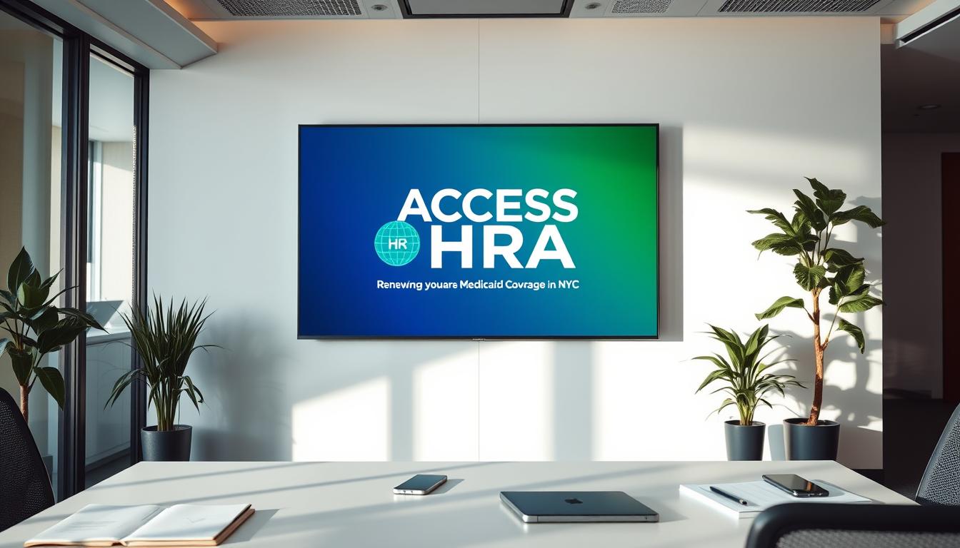 a modern, well-lit interior office space with a large, prominently displayed digital display screen on the wall, showcasing the "ACCESS HRA" logo and interface. In the foreground, a desk with a laptop, mobile device, and other office supplies, giving the scene a sense of functionality and purpose. The overall atmosphere is professional, inviting, and conveys a sense of ease and accessibility when renewing Medicaid coverage in NYC. The lighting is natural and soft, with hints of vibrant, complementary colors throughout the scene, creating a visually striking and memorable image.