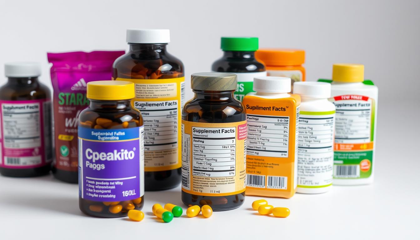 a neatly arranged selection of low-cost multivitamin bottles and packages in a vibrant, well-lit studio setting, showcasing the supplement facts panels on their labels in clear detail. The scene is captured from a slightly elevated angle, allowing the viewer to clearly see the information displayed on the packaging. The lighting is soft and diffused, highlighting the colors and textures of the multivitamin products. The background is a clean, minimalist white or light gray, putting the focus entirely on the multivitamin supplements and their factual information.
