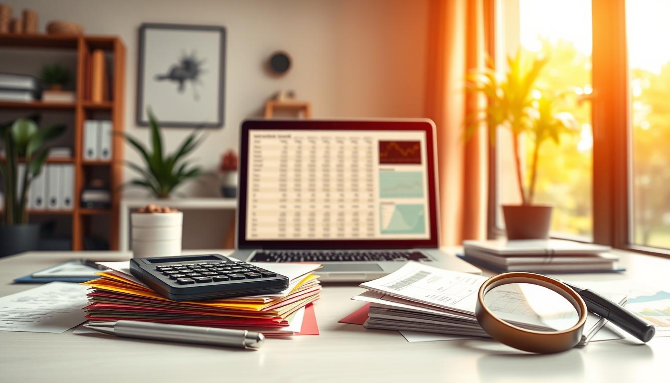 a vibrant and detailed illustration of income estimate coverage, depicting a well-lit and neatly organized desktop with a laptop, calculator, and various financial documents. The foreground features a stack of colorful paper documents, a pen, and a magnifying glass, conveying a sense of careful analysis and attention to detail. The middle ground showcases the laptop screen displaying a spreadsheet or income estimation software, with a warm glow emanating from the screen. The background showcases a cozy, modern office setting with a large window, allowing natural light to flood the scene and create a sense of openness and transparency. The overall mood is one of diligence, organization, and financial empowerment.