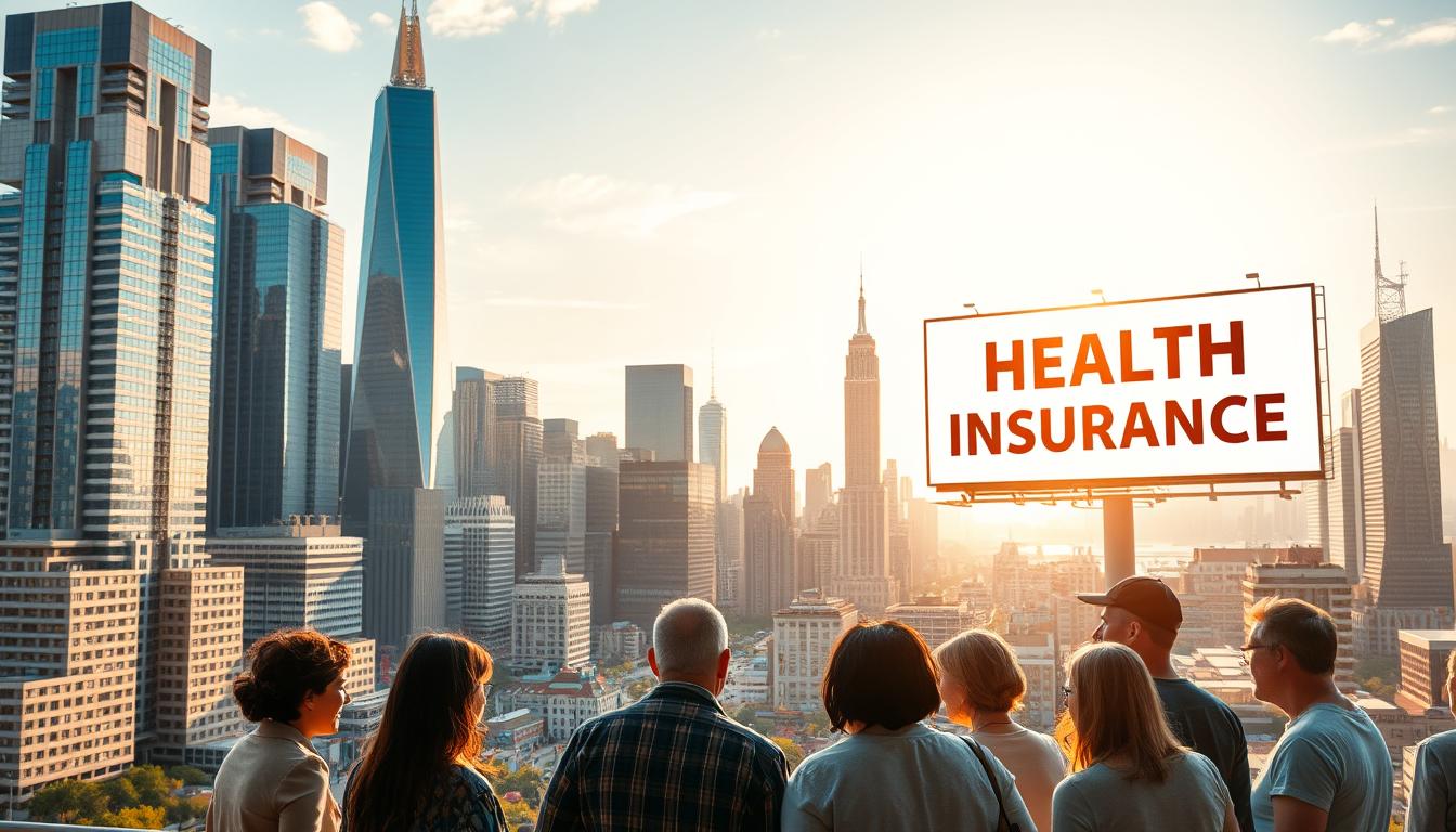 a vibrant cityscape with towering skyscrapers and bustling streets, showcasing the diverse architectural styles and economic activity of a thriving metropolitan area. in the foreground, a group of people of varying ages and backgrounds are gathered, discussing healthcare options and comparing costs. the scene is illuminated by warm, golden sunlight filtering through the windows, creating a sense of optimism and opportunity. in the background, a large billboard displays the message "Affordable Health Insurance" in bold, eye-catching lettering, highlighting the availability of accessible and comprehensive healthcare coverage in this prosperous city.