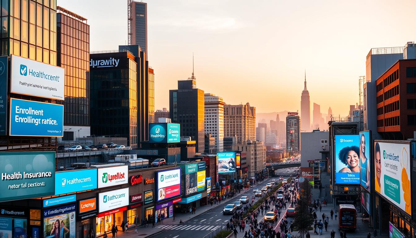 a vibrant cityscape with various buildings and infrastructure representing different health insurance providers and marketplaces, showcasing the diverse options available for purchasing coverage. A busy downtown area with modern skyscrapers, small businesses, and bustling pedestrian traffic, illuminated by warm, diffused lighting that creates a dynamic, energetic atmosphere. In the foreground, signage and billboards highlighting health insurance logos, slogans, and enrollment information, drawing the viewer's attention to the different avenues for acquiring coverage. The mid-ground features a mix of commercial and residential structures, suggesting the interconnected nature of healthcare and community. In the background, a hazy skyline with a mix of natural and urban elements, symbolizing the broader context in which health insurance decisions are made.