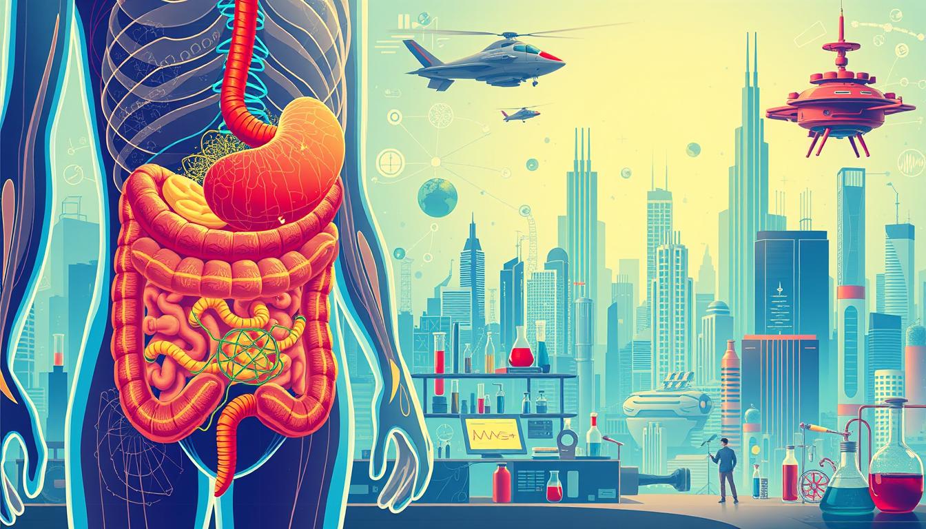 a vibrant, colorful illustration depicting the future of CCK research for weight loss. in the foreground, a detailed cross-section of the human gut, showcasing the complex interplay of hormones, receptors, and neural pathways involved in CCK's regulation of appetite and metabolism. the middle ground features a series of scientific instruments, beakers, and diagrams, hinting at the advanced laboratory techniques and technologies being used to unravel the mechanisms of CCK's effects. in the background, a futuristic cityscape with skyscrapers and hovercraft, representing the potential real-world applications and societal impact of this groundbreaking research. the overall scene conveys a sense of scientific innovation, medical progress, and the promise of a healthier, more sustainable future. a vibrant, colorful illustration depicting the future of CCK research for weight loss. in the foreground, a detailed cross-section of the human gut, showcasing the complex interplay of hormones, receptors, and neural pathways involved in CCK's regulation of appetite and metabolism. the middle ground features a series of scientific instruments, beakers, and diagrams, hinting at the advanced laboratory techniques and technologies being used to unravel the mechanisms of CCK's effects. in the background, a futuristic cityscape with skyscrapers and hovercraft, representing the potential real-world applications and societal impact of this groundbreaking research. the overall scene conveys a sense of scientific innovation, medical progress, and the promise of a healthier, more sustainable future.