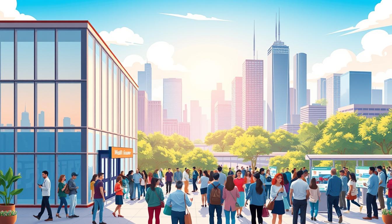 a vibrant, detailed illustration of a health insurance marketplace with a warm, inviting atmosphere. In the foreground, a modern glass-and-steel building stands prominently, its sleek design and clean lines conveying a sense of professionalism and accessibility. The middle ground features a bustling crowd of diverse individuals, each engaged in animated discussions or browsing informational displays. The background showcases a cityscape with towering skyscrapers, lush greenery, and a bright, sunlit sky, creating a sense of urban vibrancy. The overall scene conveys the idea of a dynamic, user-friendly hub for healthcare coverage options, where individuals can explore and compare plans with ease. a vibrant, detailed illustration of a health insurance marketplace with a warm, inviting atmosphere. In the foreground, a modern glass-and-steel building stands prominently, its sleek design and clean lines conveying a sense of professionalism and accessibility. The middle ground features a bustling crowd of diverse individuals, each engaged in animated discussions or browsing informational displays. The background showcases a cityscape with towering skyscrapers, lush greenery, and a bright, sunlit sky, creating a sense of urban vibrancy. The overall scene conveys the idea of a dynamic, user-friendly hub for healthcare coverage options, where individuals can explore and compare plans with ease.