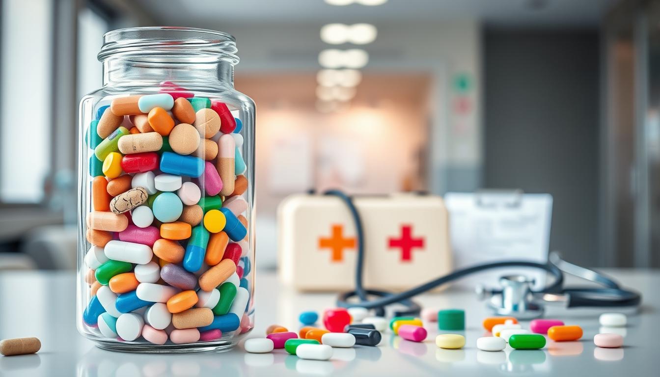 a vibrant, detailed image of the essential health benefits under the Affordable Care Act. In the foreground, a clear glass container filled with colorful medical pills, capsules, and tablets, representing the comprehensive coverage provided. In the middle ground, a stethoscope, a first-aid kit, and a medical chart, symbolizing the various healthcare services included. In the background, a clean, modern hospital interior with soft, natural lighting, conveying a sense of professionalism and reliability. The overall atmosphere is one of clarity, accessibility, and a focus on essential well-being.