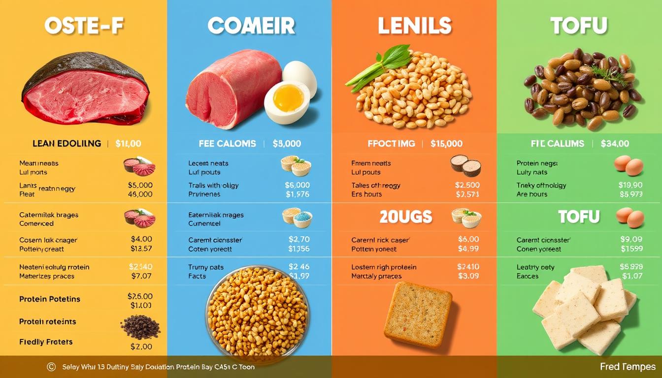 a vibrant, detailed infographic displaying a side-by-side comparison of cost-effective protein-rich foods, including lean meats, eggs, beans, lentils, and tofu, arranged in a clean grid layout with high-quality product images, clear calorie and protein content data, and visual cues to highlight the most budget-friendly options, all rendered in a warm, appetizing color palette with a modern, minimalist aesthetic suitable for an informative article on healthy, affordable protein sources