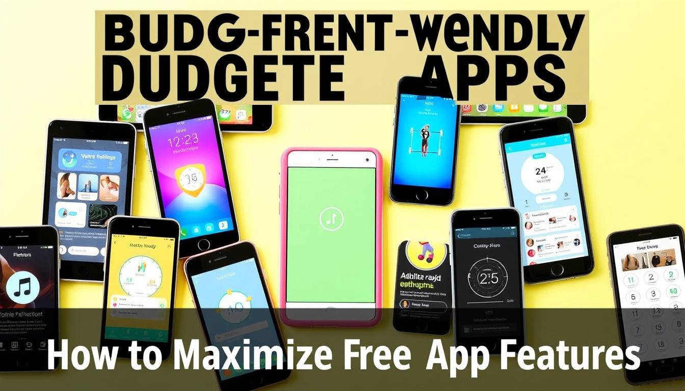 a vibrant, dynamic scene showcasing budget-friendly workout apps on various mobile devices, set against a bright, contemporary background. The foreground features a diverse array of smartphones and tablets, each displaying different fitness app interfaces, ranging from workout routines to calorie trackers. The middle ground highlights the apps' intuitive designs and user-friendly features, conveying the ease of access and convenience. The background is filled with a minimalist, geometric pattern in soothing tones, creating a sense of energy and movement. The overall composition emphasizes the accessibility and versatility of these budget-friendly fitness solutions, reflecting the "How to Maximize Free App Features" section of the article.