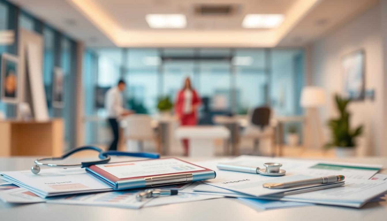 a vibrant, high-resolution image of health insurance premiums in the foreground, with a clear and detailed representation of various medical documents, insurance cards, and other related items. The middle ground should feature a blurred background of a modern office or hospital setting, conveying a sense of professionalism and authority. The lighting should be soft and natural, with a warm, inviting color palette that enhances the sense of care and trust associated with healthcare. The overall mood should be one of reassurance and reliability, reflecting the importance of health insurance in providing financial security and peace of mind.