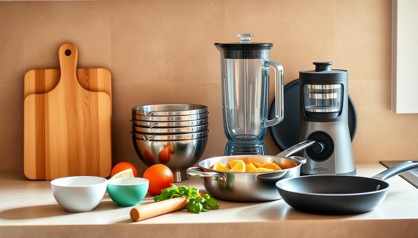 a well-lit, minimalist kitchen counter, showcasing a collection of high-quality, budget-friendly cooking tools and gadgets, including a sturdy wooden cutting board, a set of stainless steel mixing bowls, a sleek glass blender, a durable cast-iron skillet, and a compact citrus juicer. The tools are arranged in a visually appealing, vibrant manner, highlighting their functionality and versatility for clean eating meal preparation. The background features a subtle, warm-toned tile or wood texture, creating a cozy, inviting atmosphere. Soft, natural lighting from a nearby window casts a gentle glow over the scene, emphasizing the clean and modern aesthetic.
