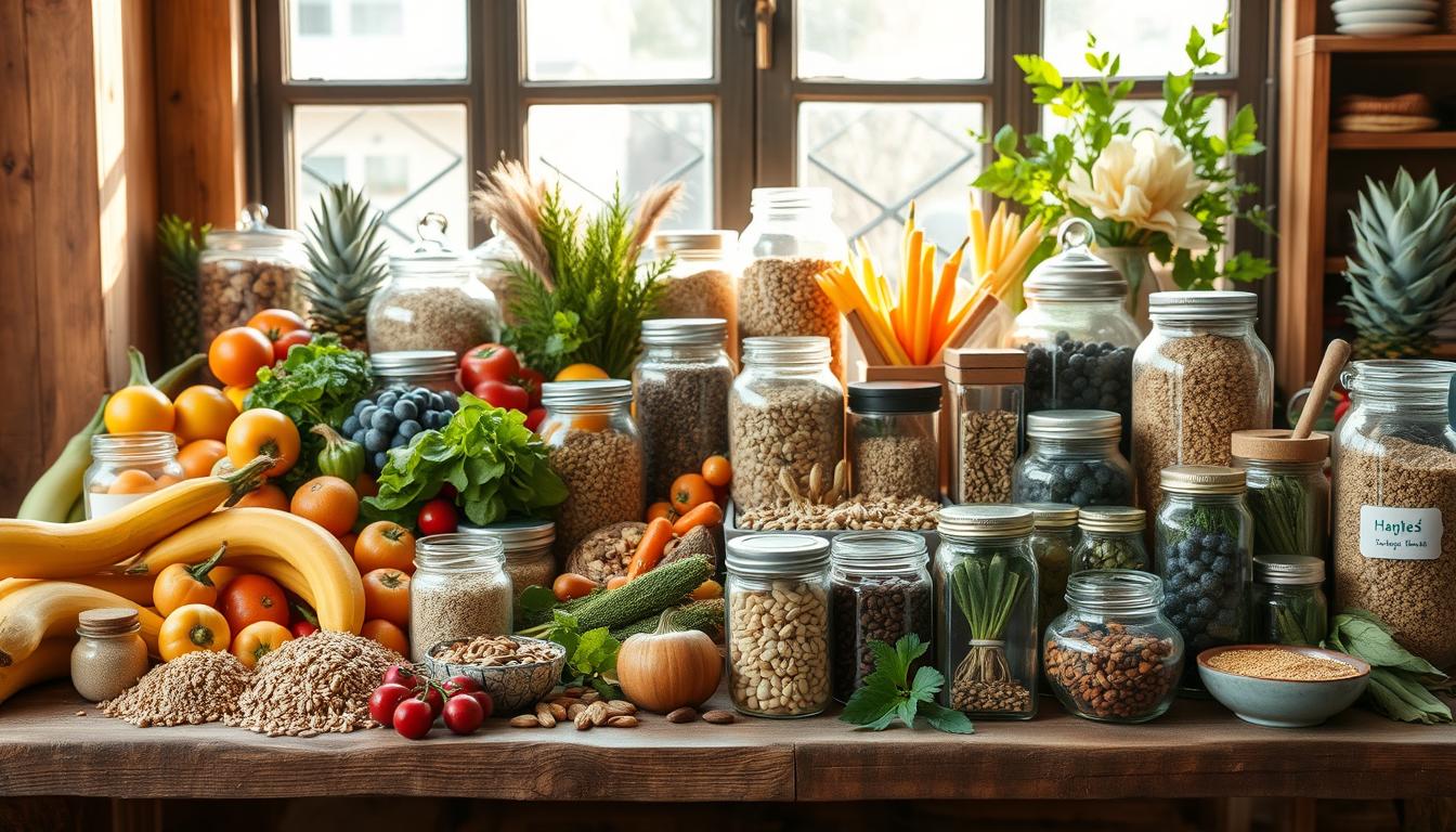 a wide variety of budget-friendly organic alternatives arranged on a rustic wooden table, including colorful assortment of fresh fruits and vegetables, jars of whole grains, nuts and seeds, and herbal supplements, all illuminated by warm natural lighting from a large window, creating a welcoming and vibrant atmosphere for healthy and affordable supplementation