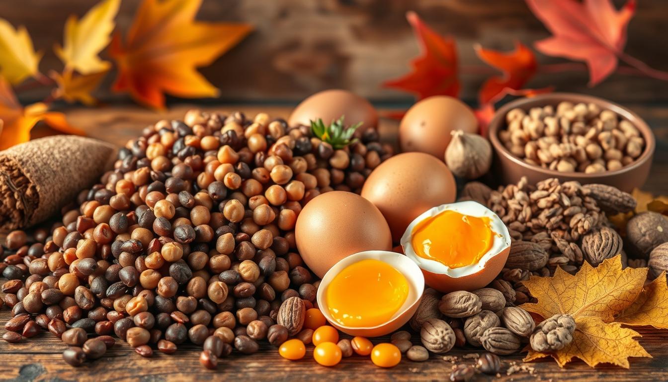 vibrant autumn-themed still life with a variety of seasonal, budget-friendly protein sources including lentils, chickpeas, eggs, nuts, and seeds, arranged on a rustic wooden table or surface, with warm, natural lighting and a soft, atmospheric background that complements the earthy tones and textures of the ingredients