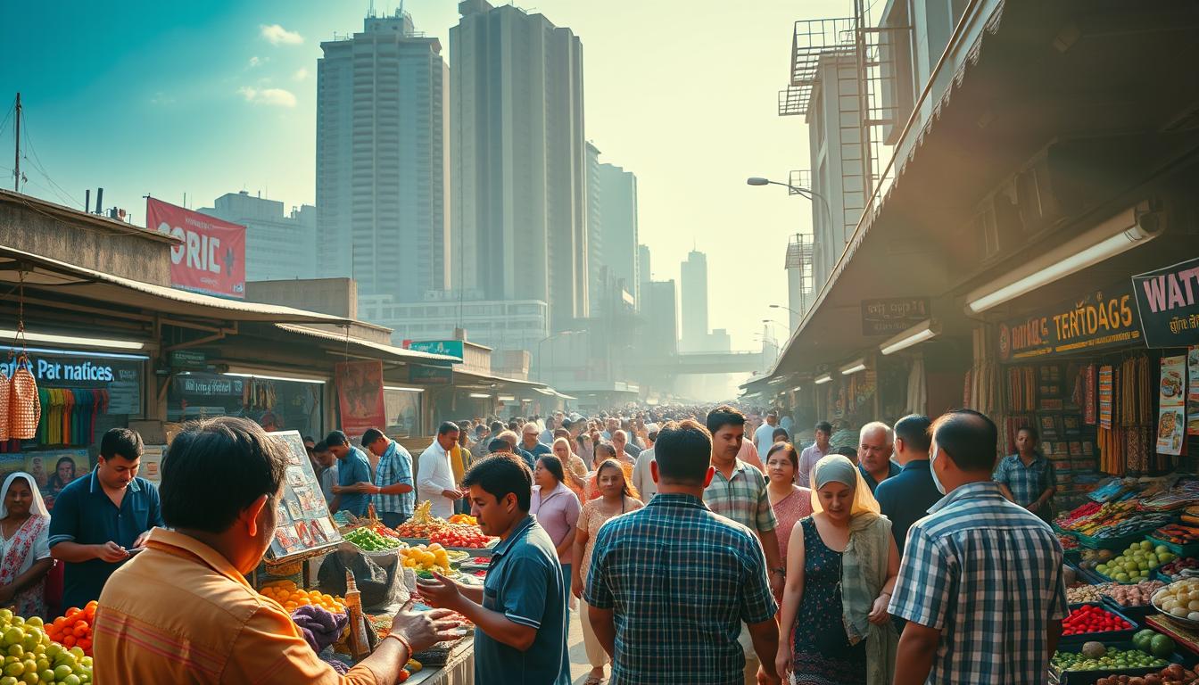 vibrant, bustling marketplace filled with diverse vendors, colorful stalls, and energetic crowds; in the foreground, merchants haggling and negotiating prices, hands gesturing animatedly; in the middle ground, shoppers browsing an array of goods - fresh produce, handcrafted wares, and local specialties; in the background, towering buildings and infrastructure, suggesting the larger economic forces shaping the marketplace dynamics; warm, golden sunlight filtering through the scene, casting a vibrant glow and accentuating the vibrant colors; a sense of excitement, negotiation, and the ebb and flow of supply and demand.