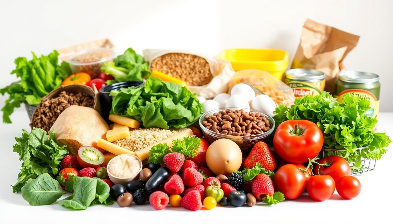 vibrant, detailed image of a "budget-friendly clean eating shopping list" with a crisp, high-resolution photographic style, set against a clean, bright background. In the foreground, an assortment of fresh, colorful produce - leafy greens, vibrant berries, crunchy vegetables - arranged in a visually appealing layout. In the middle ground, various whole grain items such as quinoa, brown rice, and whole wheat bread, alongside lean protein sources like chicken breasts, eggs, and canned beans. The background features a simple, minimalist design with clean lines and a neutral color palette, emphasizing the fresh, wholesome nature of the items. Soft, natural lighting illuminates the scene, creating a warm, inviting atmosphere.