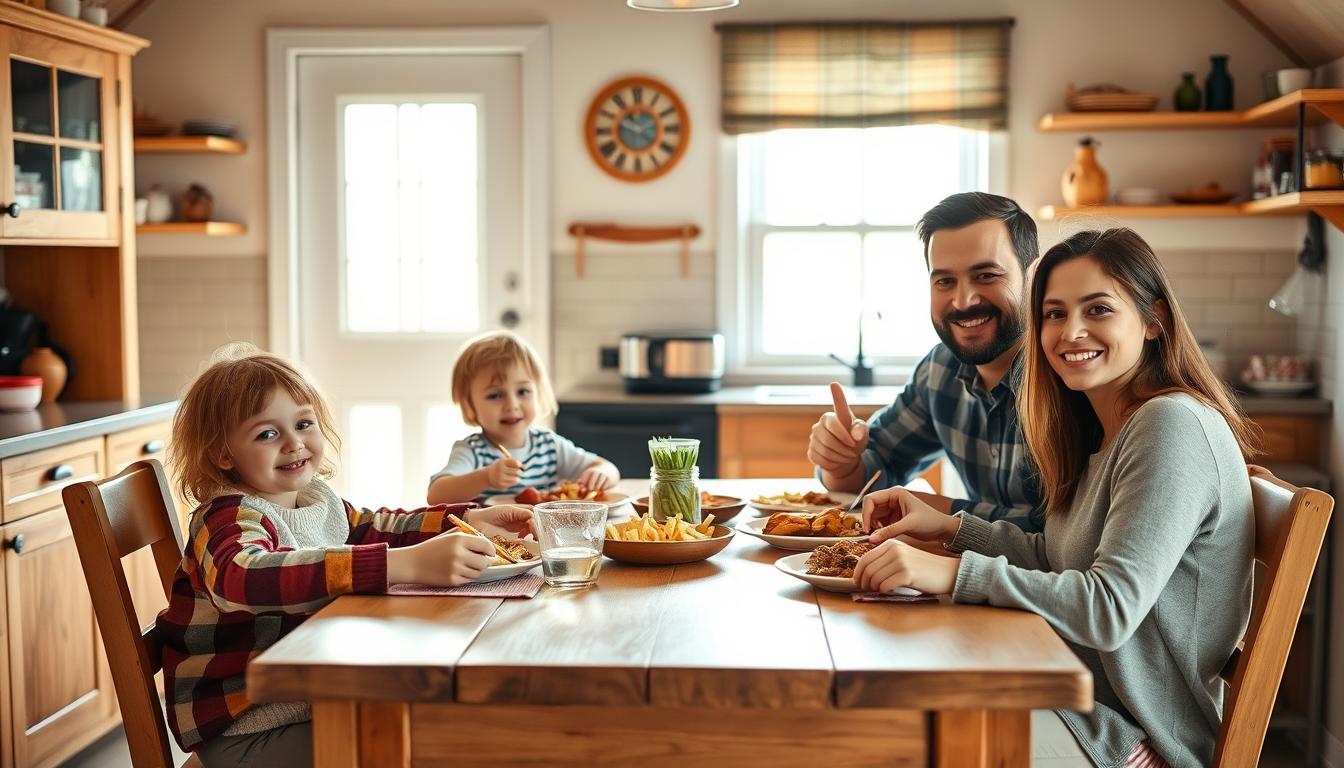 vibrant family of four sitting at a simple wooden table, enjoying a homemade meal together in a modest but cozy kitchen with natural light streaming in through the window. the parents and two children, dressed in casual, affordable clothing, appear relaxed and content, conveying a sense of togetherness and a focus on what truly matters - quality time spent as a family on a budget. the scene exudes warmth, simplicity, and a genuine appreciation for the little things in life.