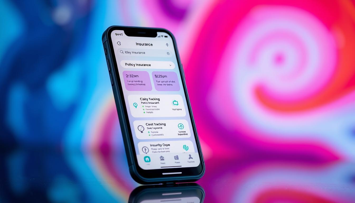 vibrant, high-quality mobile app interface with a clean, modern design showcasing key insurance-related features such as policy management, claim tracking, and cost-saving tools; the app is displayed on a realistic-looking smartphone device against a blurred, colorful background that evokes a sense of technology and financial security; the overall composition is visually striking and well-balanced, capturing the essence of a user-friendly insurance app that can help users save money